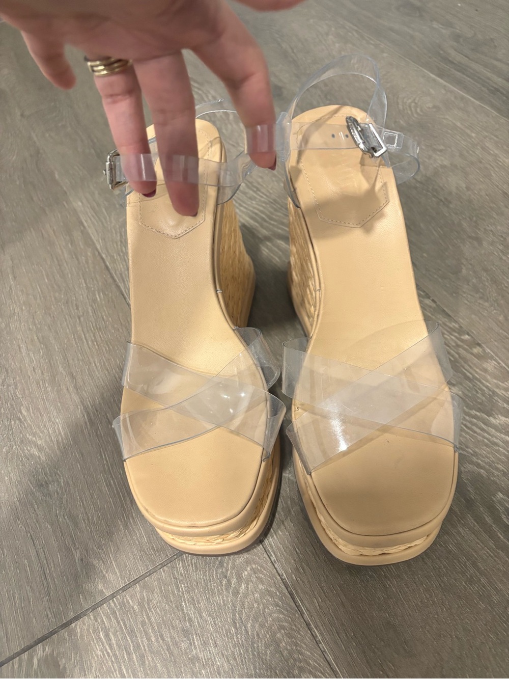 SCHUTZ Clear Strap Tan Wedge Sandals